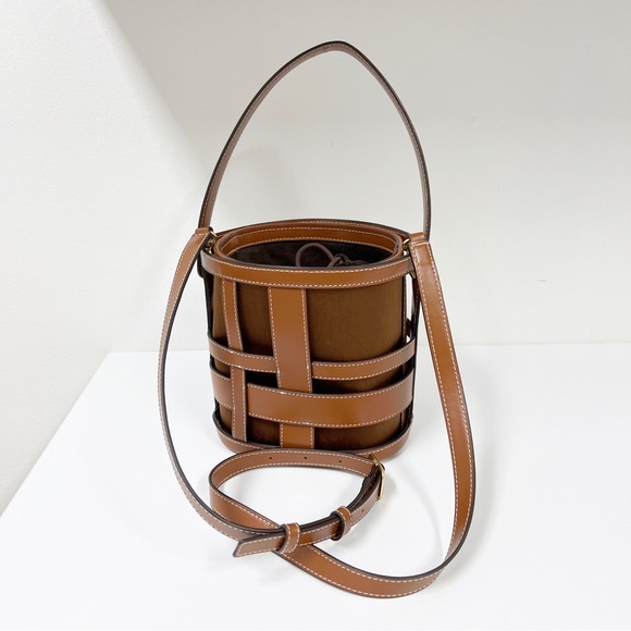STAUD Handbags - Staud Plaid Woven Brody Bucket Bag Saddle Chestnut Crossbody Tote